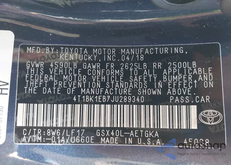 2018 Toyota Avalon Xle Plus/Premium/Tour/Ltd z USA, uszkodzony, nr VIN 4T1BK1EB7JU289340